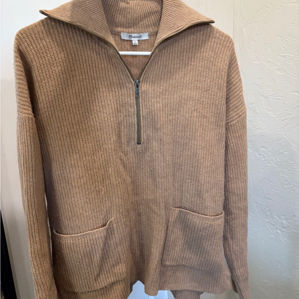 Madewell Tan Zip Up Sweater with Ribbed Knit